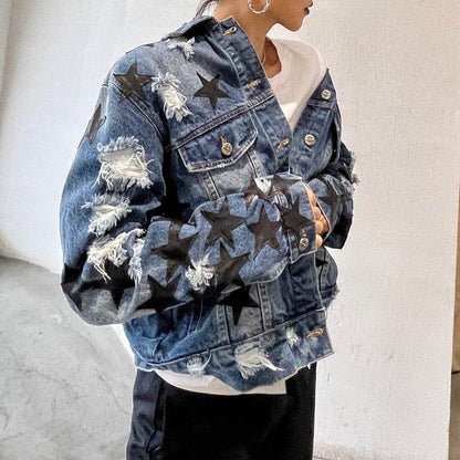 Lapel Star Patch Shredded Single Breasted Denim Jacket For Women - www.Shopthatapp.com