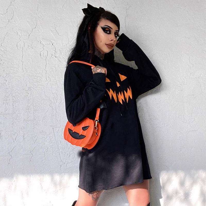 Halloween Costume Pumpkin Print Long Sleeve Hoodie Dress - www.Shopthatapp.com