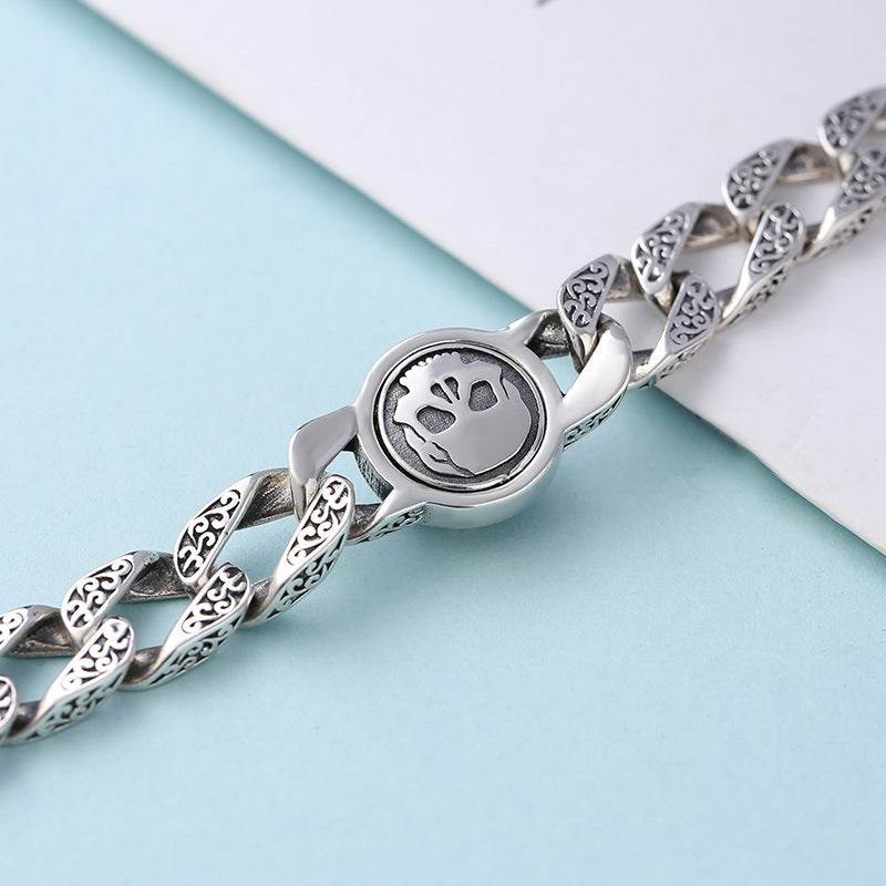 Sterling Silver Ornament Men's Trendy Rotating Skull Retro Fashion Tang Grass Pattern Bracelet - www.Shopthatapp.com