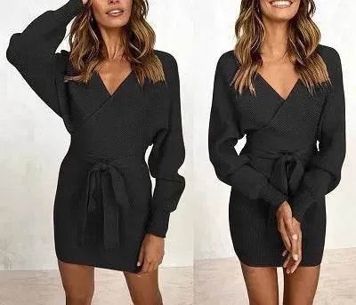 Autumn Winter Slim Fit V-neck Mini Wrap Sweater Dress - www.Shopthatapp.com
