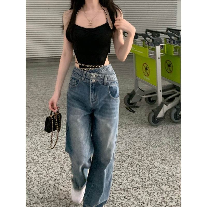 Women High waist Washed Blue Jeans Pant Wide Leg Denim Pant - www.Shopthatapp.com