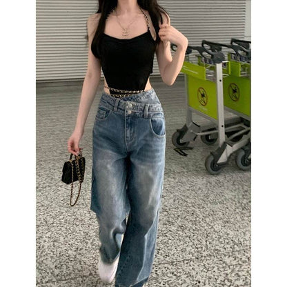 Women High waist Washed Blue Jeans Pant Wide Leg Denim Pant - www.Shopthatapp.com
