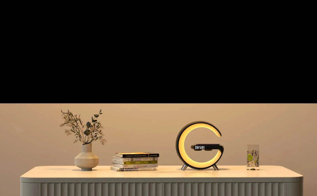 G shaped Wireless Phone Charging Night LED Lamp Bluetooth Speaker - www.Shopthatapp.com