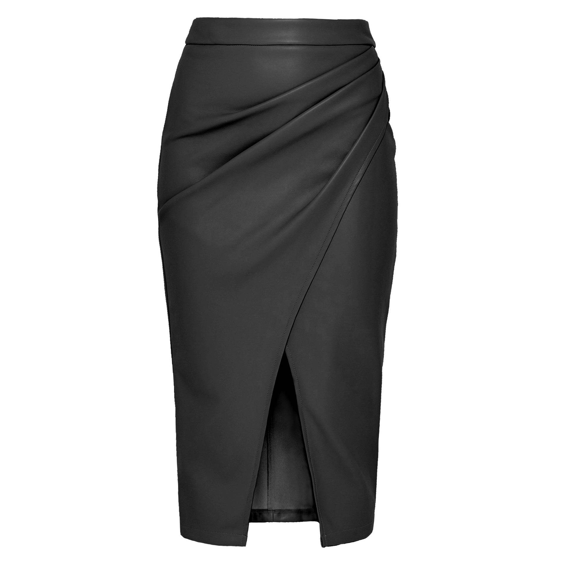 Women Formal Work Office Business High Waist Front Slit Midi Leather Skirt - www.Shopthatapp.com