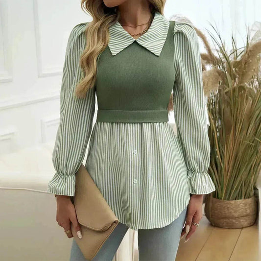 Women's Casual Contrast Color Stitching  Long Sleeve Collar Ladies Evening Top - www.Shopthatapp.com