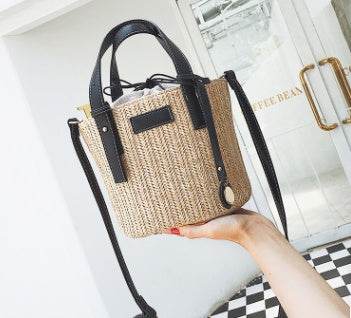 Women's bag hand-woven contrast color bucket straw bag cylinder handbag diagonal shoulder beach bag - www.Shopthatapp.com