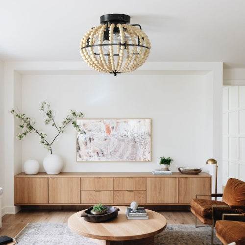 Beaded Fan Lamp Wooden Beaded Chandelier Oak White - www.Shopthatapp.com