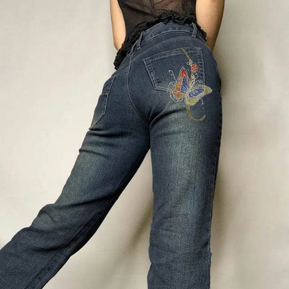 Fashion Women's Sexy High Waist Retro Individual Butterfly Print Bootcut Jeans - www.Shopthatapp.com