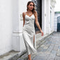 Women's Breasted Satin silk V-neck Spaghetti strap Backless Midi Dress cocktail split dress - www.Shopthatapp.com