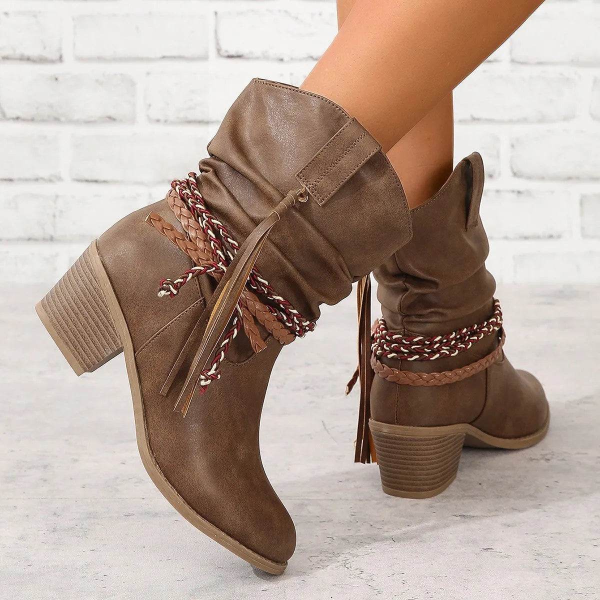 Retro Tassel Boots Winter Thick Square Heel Mid-calf Knight Western Boots Woman Fashion Shoes - www.Shopthatapp.com
