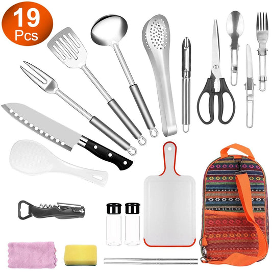 19Pcs Camping Cooking Utensil Kit Portable Picnic Cookware Outdoor Kitchen Equipment Gear Campfire Barbecue Appliances With Storage Bag - www.Shopthatapp.com