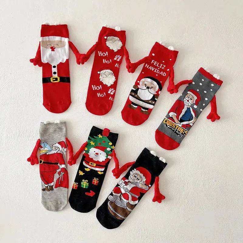 Christmas Magnetic Socks Cute Elk Santa Claus Snowman Hand-holding Socks For Couple - www.Shopthatapp.com