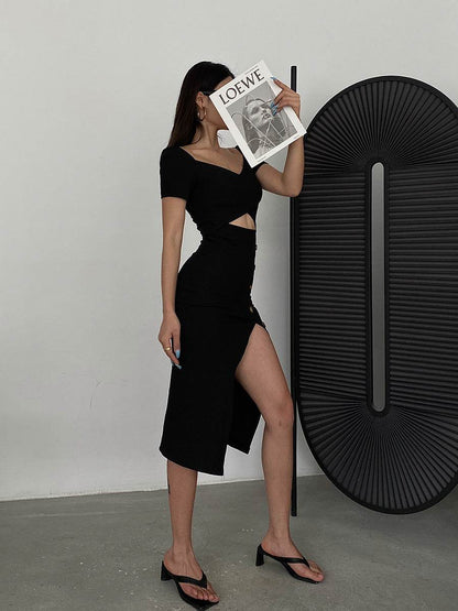 Slim And Hollow Niche Design High Slit Bag Hip Midi dress - www.Shopthatapp.com