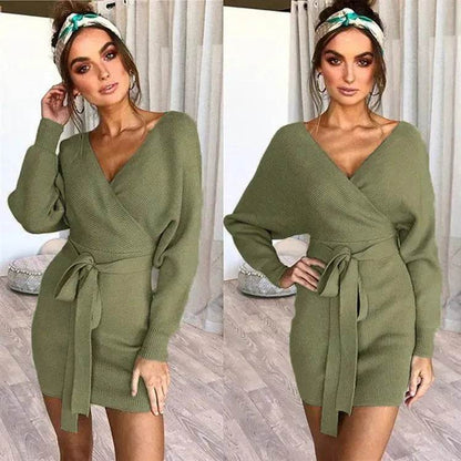 Autumn Winter Slim Fit V-neck Mini Wrap Sweater Dress - www.Shopthatapp.com