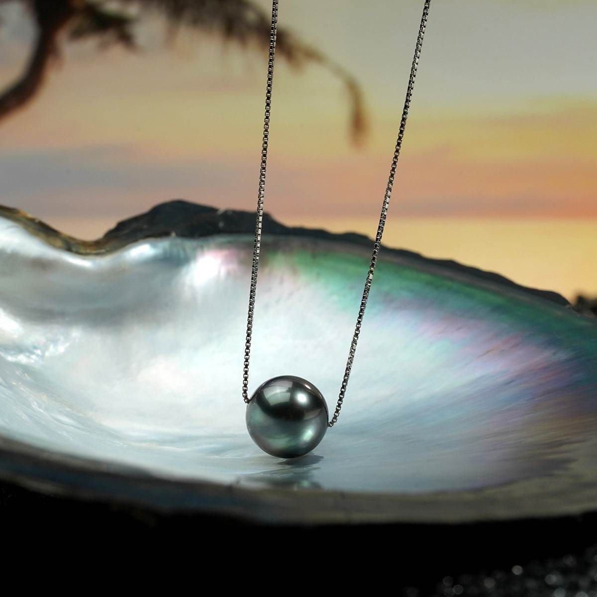 Natural Perfect Circle Strong Light Tahitian Black Pearl Pendant S925 Silver Necklace - www.Shopthatapp.com