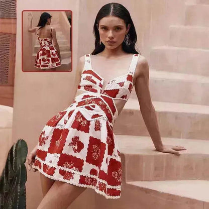 Women's Flower Print Lace Sling Dress Fashion V-neck Waist-baring Skirt Summer Clothing - www.Shopthatapp.com