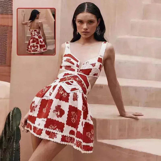 Women's Flower Print Lace Sling Dress Fashion V-neck Waist-baring Skirt Summer Clothing - www.Shopthatapp.com