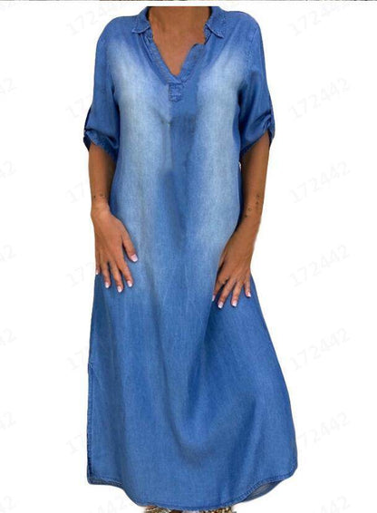 New washed denim dress Side Split Loose Mum Long Jeans Dress - www.Shopthatapp.com