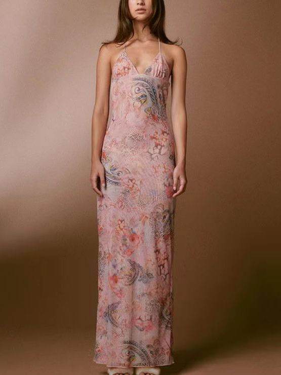 Halter neck Spaghetti Backless Butterfly Design Spring Summer long dress - www.Shopthatapp.com