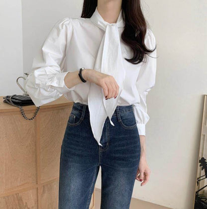 Spring New Gentle Lace-up Bow Tie Design Puff Sleeve Solid Color Shirt For Women - www.Shopthatapp.com