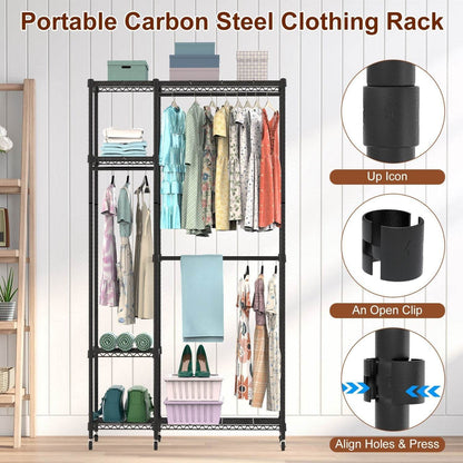 1Pc 4 Tier Heavy Duty Garment Rack With Wheels Carbon Steel Clothing Rack Portable Wardrobe Clothes Rack With 3 Hanging Rods 6 Footrests 44.9x17.13x77.95in - www.Shopthatapp.com