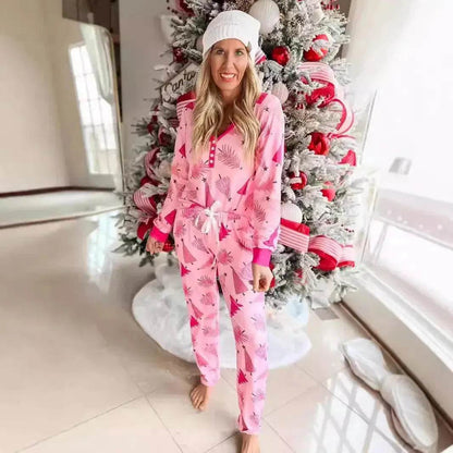 Christmas Pajamas Suit Christmas Tree Printed Long Sleeve Button Two-piece Set - www.Shopthatapp.com