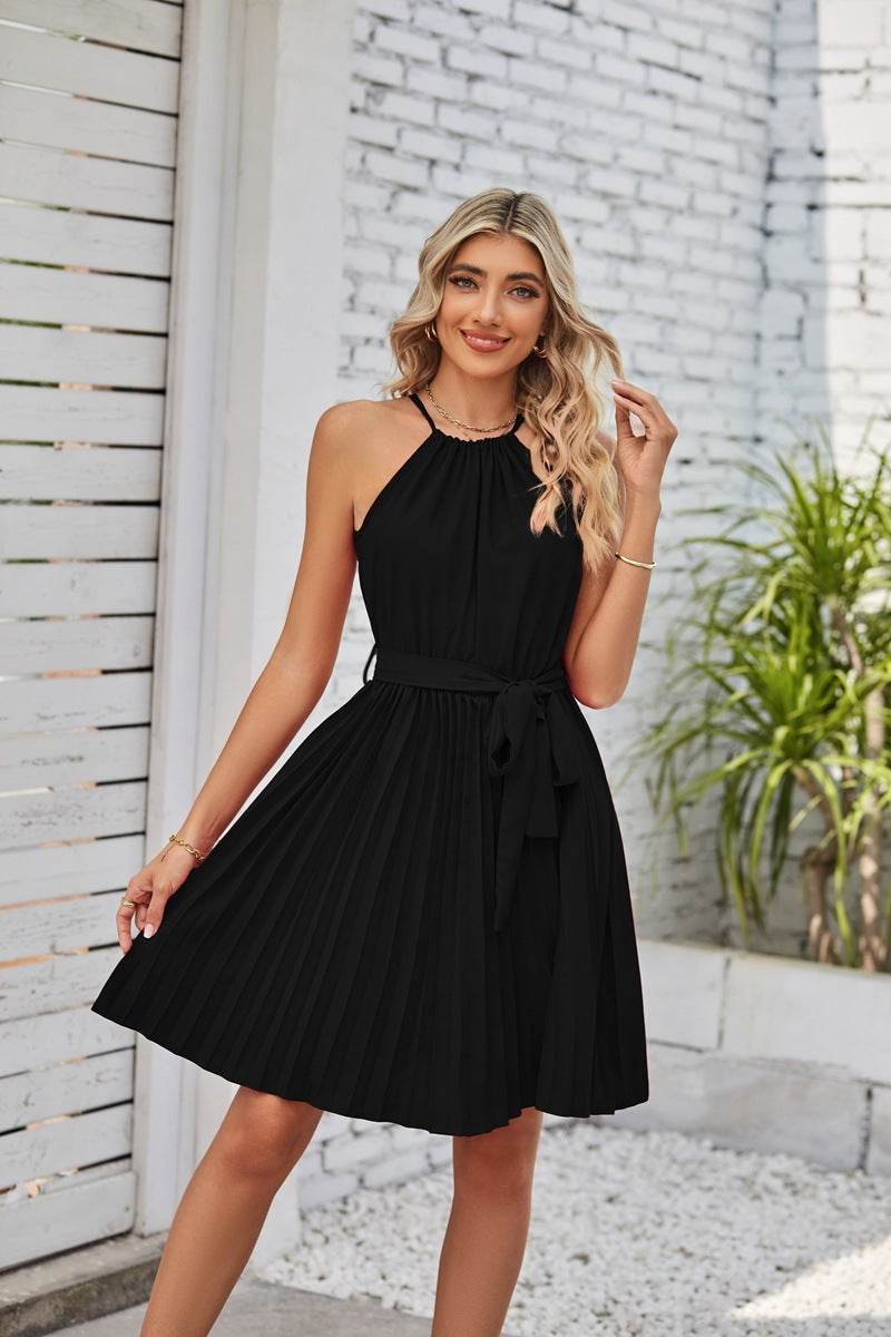 Halter Strapless Dresses For Women Solid Pleated Skirt Summer Beach Sundress - www.Shopthatapp.com