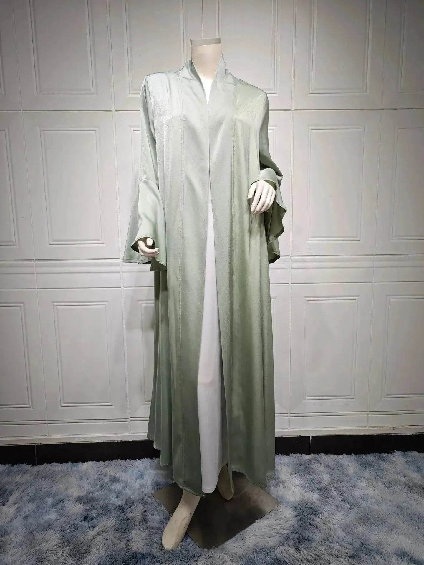 Abaya two piece set Elegant Satin  Plain Color Abaya Kimono Open front Abaya Dubai Abaya wear for Middle East Women - www.Shopthatapp.com