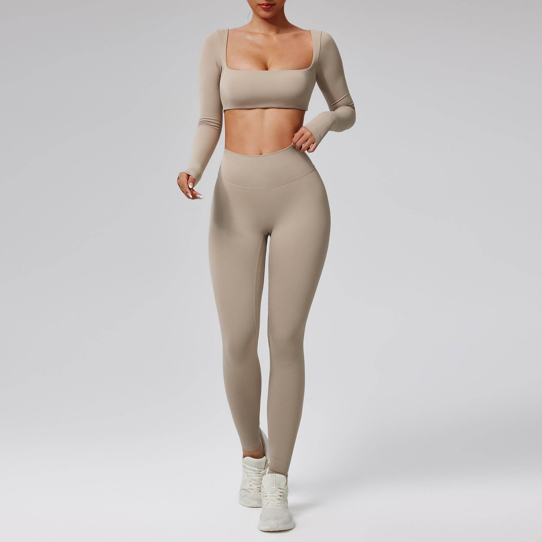 Quick-drying Nude Feel Running Sports Workout Yoga Clothes 2pcs set Long sleeve Crop top and High Waist Pant - www.Shopthatapp.com