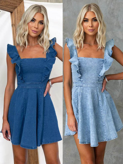 Women's Fashion Casual Denim Mini flared Dress - www.Shopthatapp.com