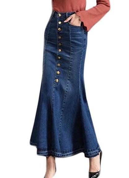 New Fashion Fitted Button up Mermaid Midi Denim Skirt - www.Shopthatapp.com