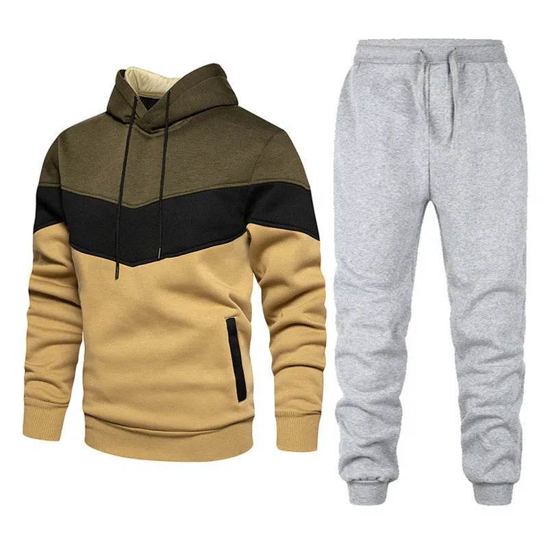 2pcs Winter Fashion Stitching Suit Outdoors Sports Suit Men's Sweatsuit Hoodie Outfit set - www.Shopthatapp.com