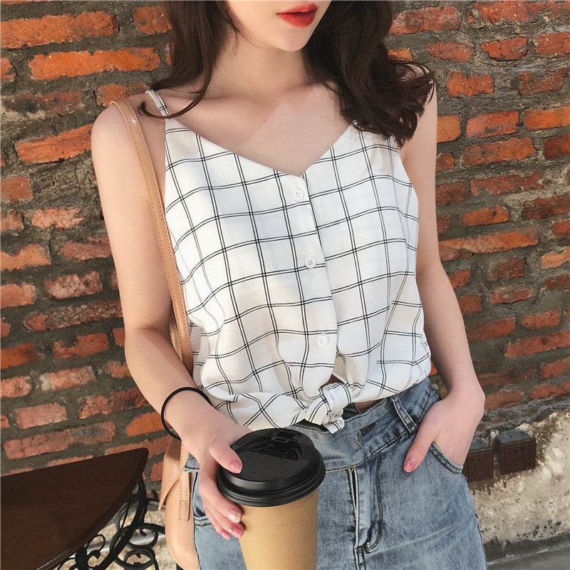 Casual sleeveless button down Chiffon  blouse top for women - www.Shopthatapp.com