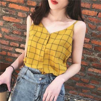 Casual sleeveless button down Chiffon  blouse top for women - www.Shopthatapp.com