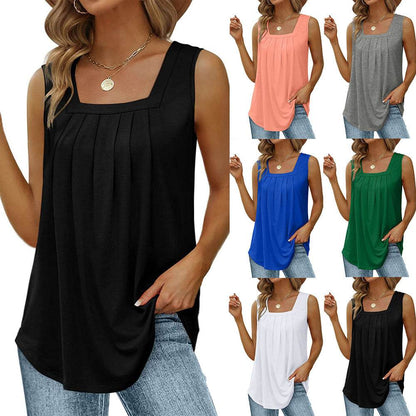 Summer cotton Tops For Women Loose Fit Pleated Square Neck Sleeveless Blouse Tops - www.Shopthatapp.com