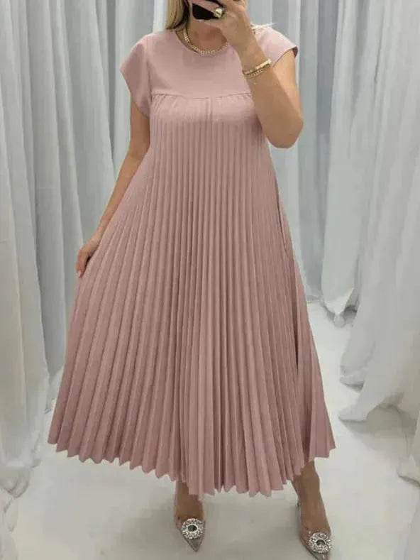 Women Summer Pleated Maxi Dress Casual Short Sleeve Crewneck Flowy Swing Long Dress with Pockets - www.Shopthatapp.com
