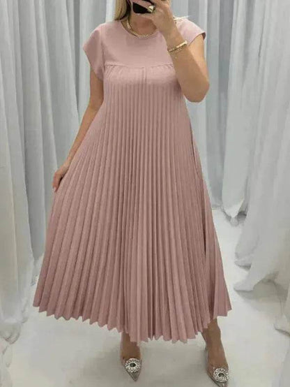 Women Summer Pleated Maxi Dress Casual Short Sleeve Crewneck Flowy Swing Long Dress with Pockets - www.Shopthatapp.com