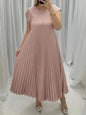 Women Summer Pleated Maxi Dress Casual Short Sleeve Crewneck Flowy Swing Long Dress with Pockets - www.Shopthatapp.com