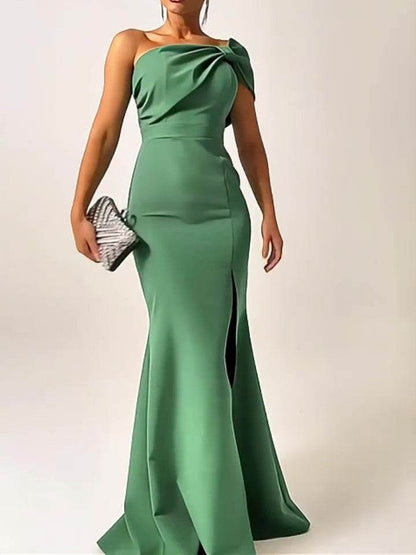 Bow tie One shoulder Green Evening Dress Slit Formal dress