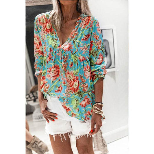Women Casual Spring Summer New Style Blouse top Printing V-Neck Long-Sleeved - www.Shopthatapp.com