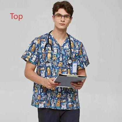 Surgical Gown Printed V-neck Pet Doctor Beauty Hospital Work Clothes Flower Dog Blue - www.Shopthatapp.com