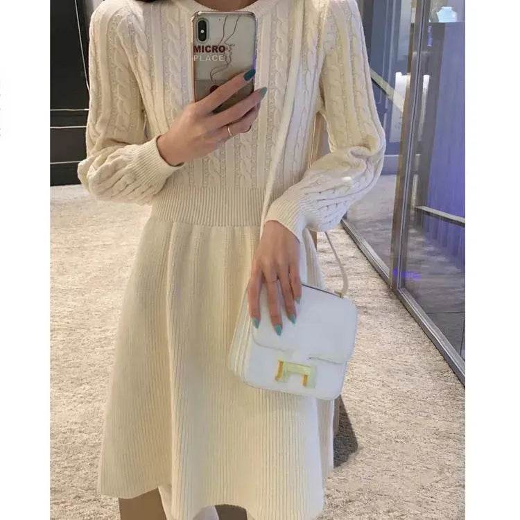 Autumn Winter Knitted Slim Fit Round neck Mini Flared Sweater dress - www.Shopthatapp.com