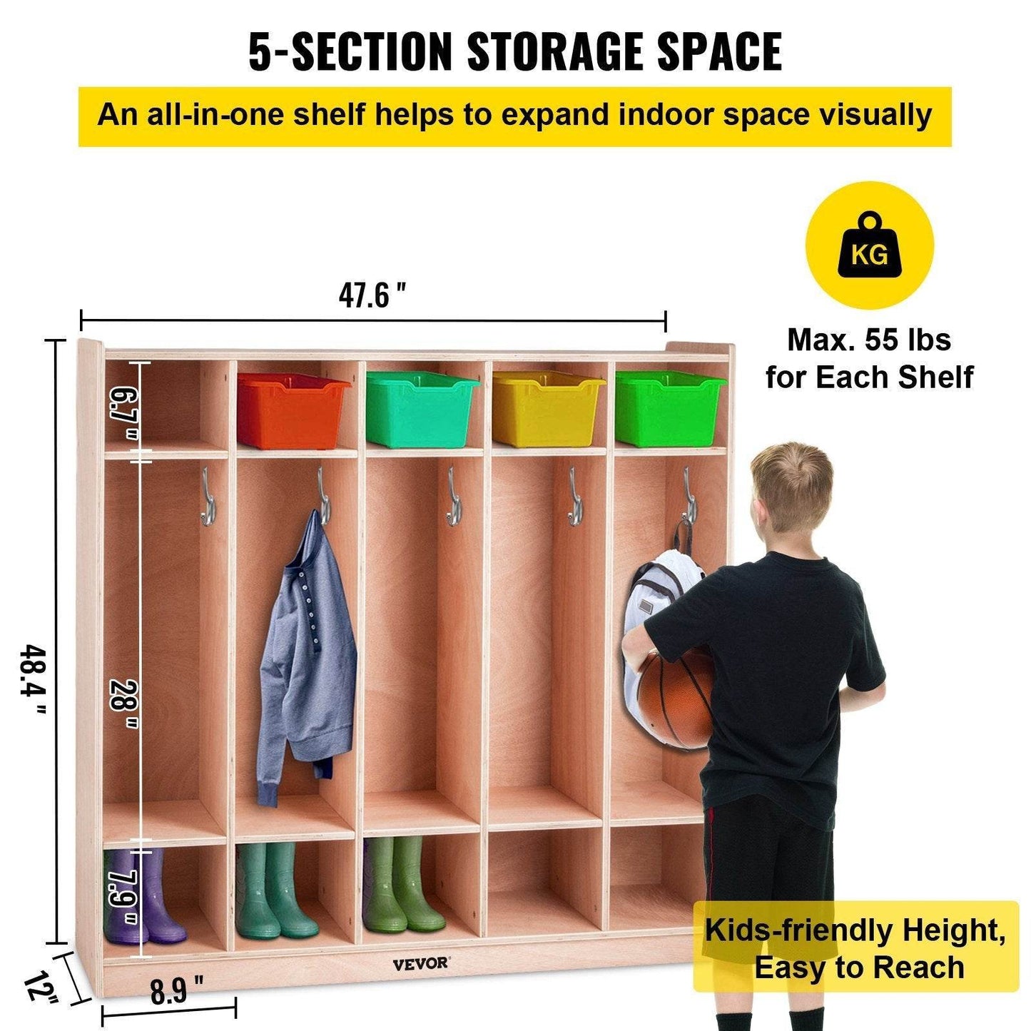 Preschool Cubby Lockers 5-Section Plywood Birch Coat Locker 15MM Thickness Kids Locker For Home 48.4 Inch High Durable Classroom Lockers For Toddlers And Kids Commercial Or Personal Use - www.Shopthatapp.com