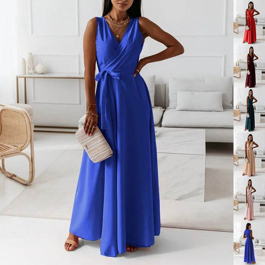 V-neck Sleeveless Dress With Belt Summer Fashion. - www.Shopthatapp.com