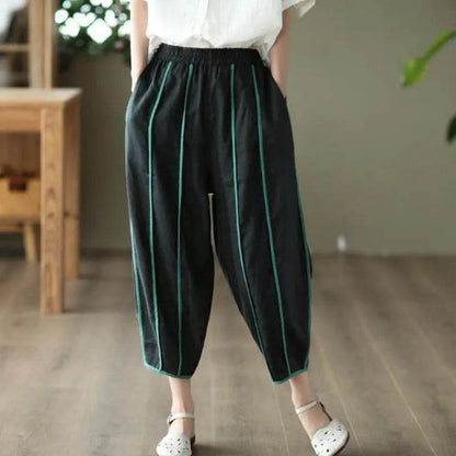 Summer Thin Striped Cotton And Linen Cropped trouser Pants For Women - www.Shopthatapp.com