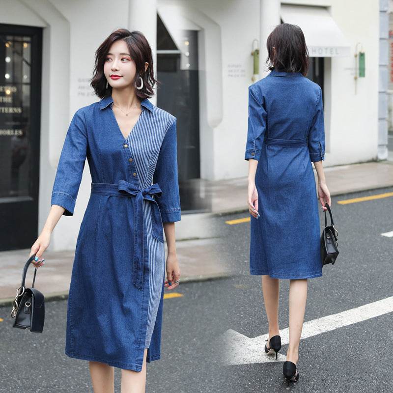 Casual Fashion Slim denim Wrap dress - www.Shopthatapp.com