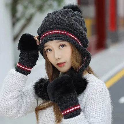 Women Cozy Knit Fleece-Feel Beanie With Ear Flaps Winter Hat Perfect For Skiing & Outdoor Activities - www.Shopthatapp.com