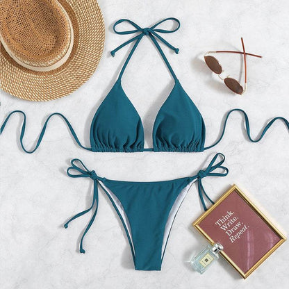 Pure Color Tied Halter Bikini Swimsuit - www.Shopthatapp.com