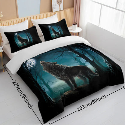 Moon Wolf Bedding Green Watercolor Forest Wolf Landscape Duvet Cover Sets 3 Pieces Wild Animal Bedding Set Twin Full Queen King Size - www.Shopthatapp.com