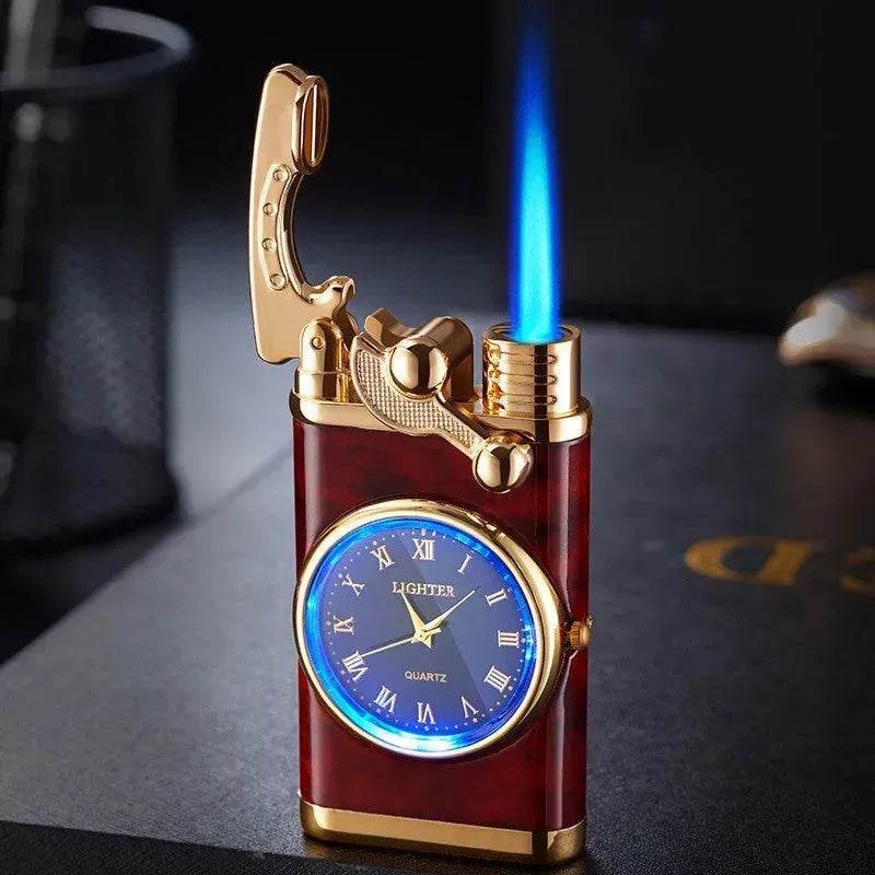 New Lighter With Electric Watch Rocker Arm Automatic Ignition Straight Blue Flame Lighter Creative Real Dial Inflatable Windproof Cigar Lighter Men's Watch Gift - www.Shopthatapp.com
